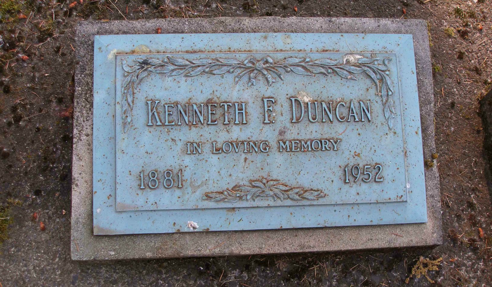 Headstone on Kenneth Forrest Duncan grave, St. Peter's Quamichan cemetery, North Cowichan, B.C.