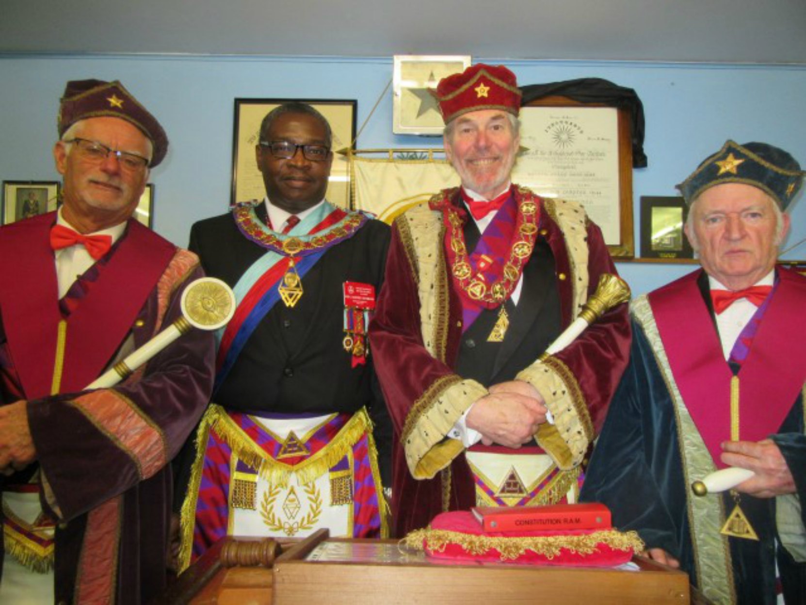 Tzouhalem Chapter's Principals for 2017 with the Grand Principal. EC Rick Mellson (left), MEC Godfrey Onymaobi (Grand First Principal), EC Paul Philcox (second from right), EC Bob Crawford (right) at the Joint Installation held in Sooke on 17 November 2016